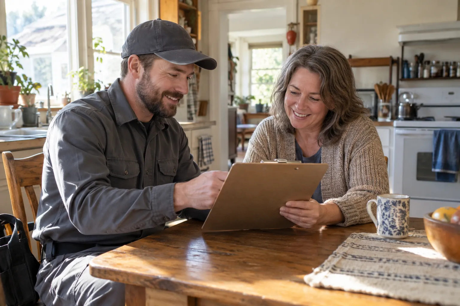 A local provider talking with a homeowner about a mold inspection in the Kinnelon area