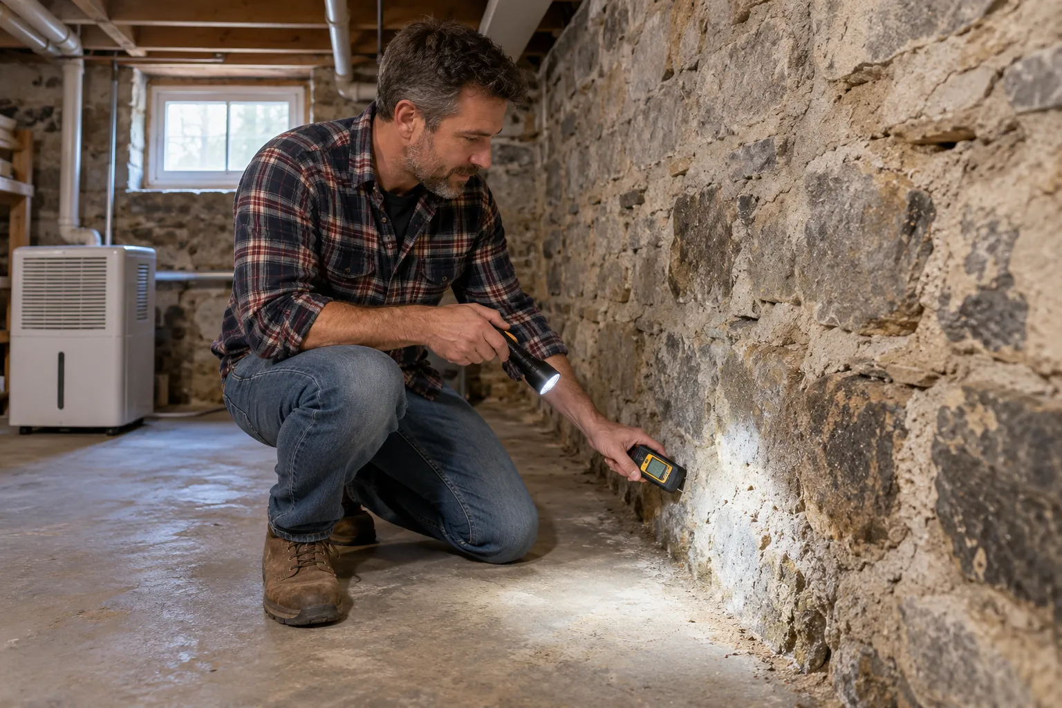 A homeowner checking a damp basement wall with a flashlight in Kinnelon