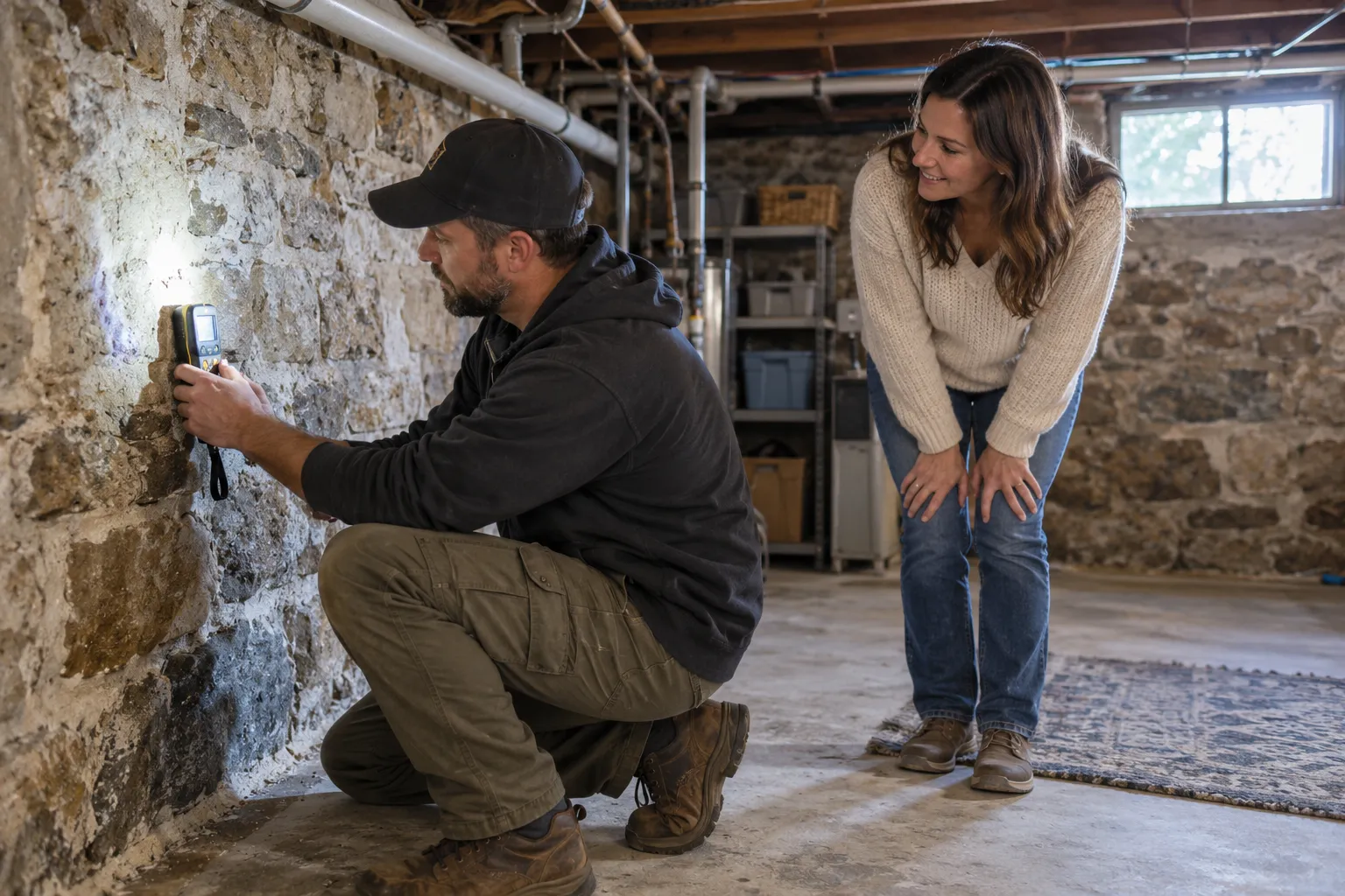 Mold inspector checking a basement wall with a moisture meter in a Kinnelon home