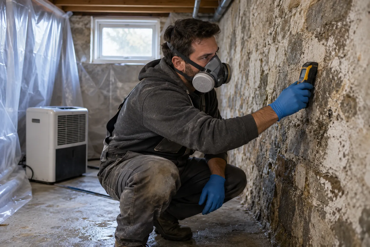 Independent mold remediation provider checking a damp basement wall in a Kinnelon home