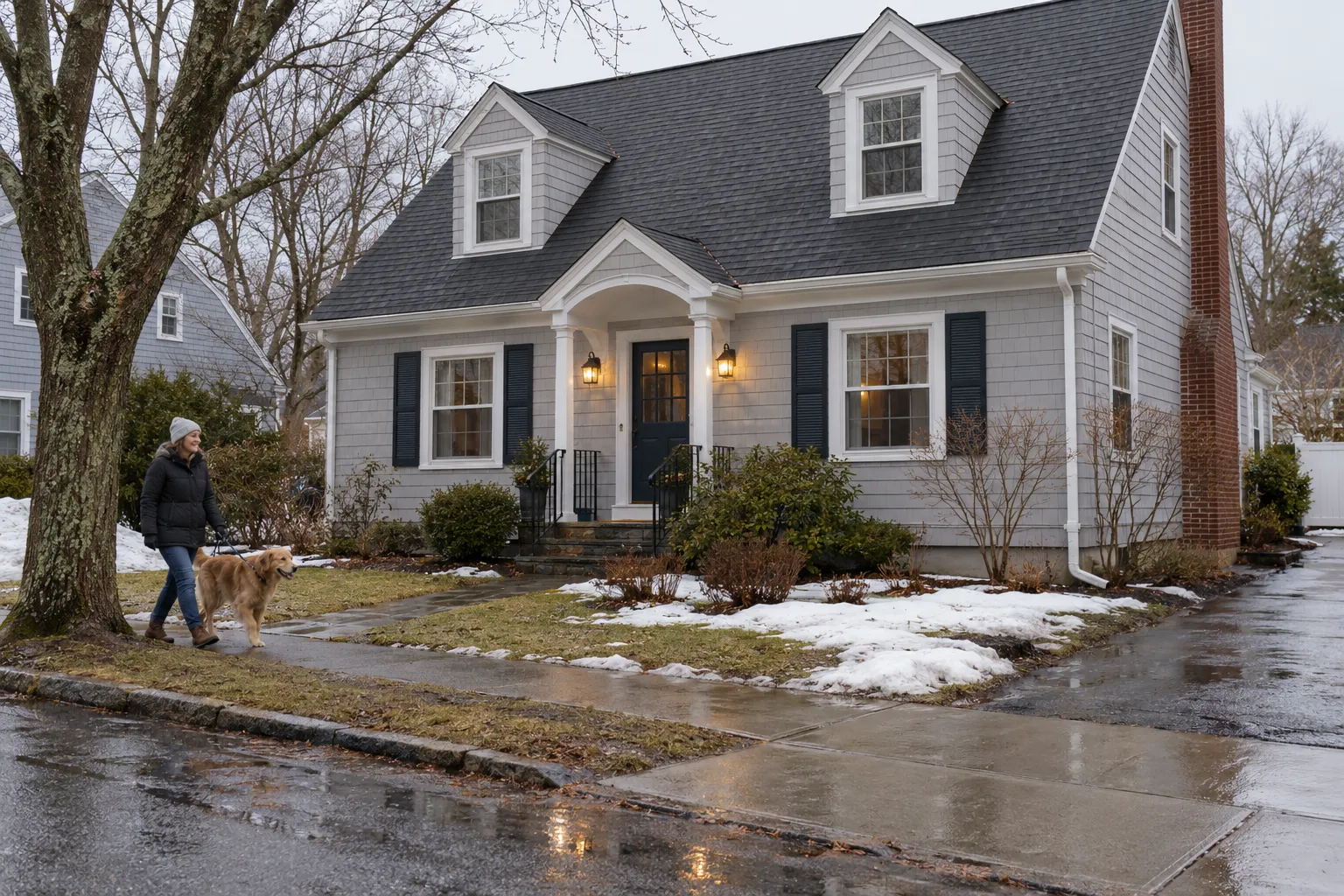 A snowy Cape Cod style home with a full basement in the Kinnelon area